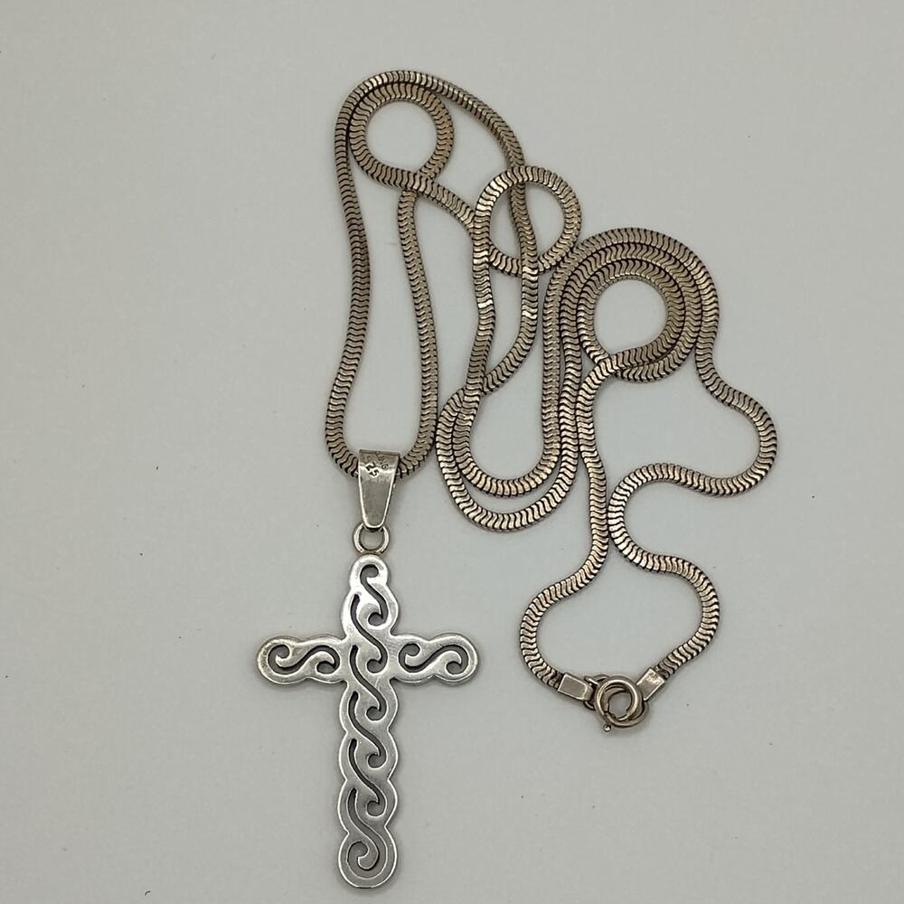 Filigree Taxco Sterling Silver Cross on 26-Inch 2.4MM Snake Chain
